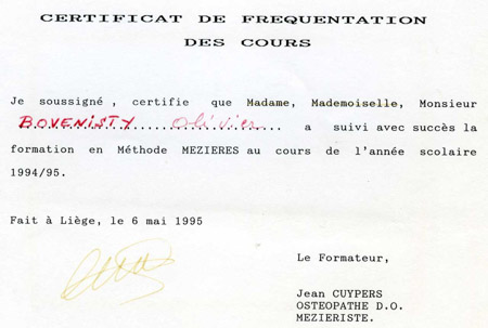 Diplôme en Méthode Mézières obtenu en mai 1995