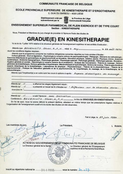 Diplôme de kinésithérapeute obtenu en juin 1994