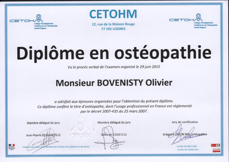 Diplôme en ostéopathie obtenu en juin 2015